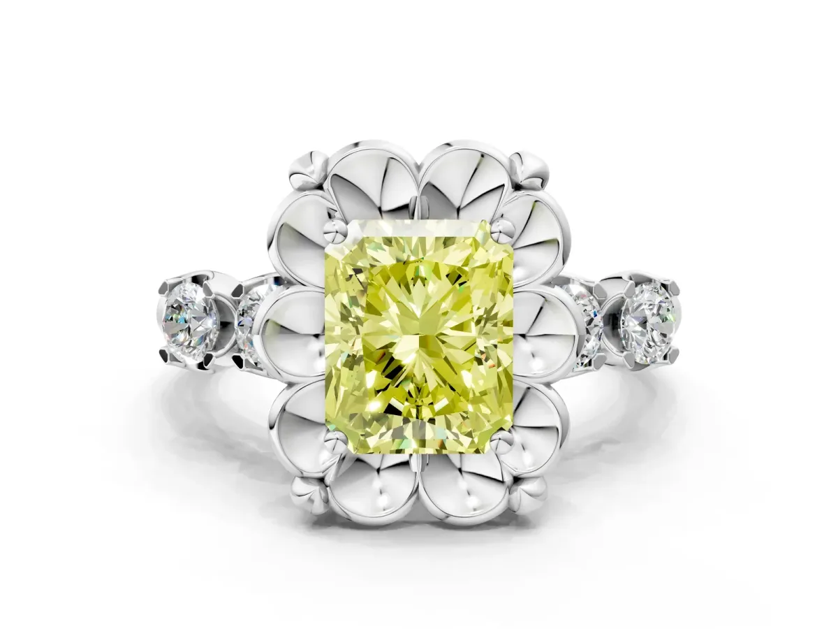 Fancy Yellow Radiant Cut Cut Diamond Floral Halo Engagement Ring with Shared Prong Setting Silver