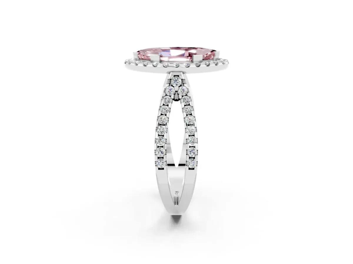 Marquise Cut Morganite Halo Ring with Split Shank Pavé Band and Prong Setting Silver