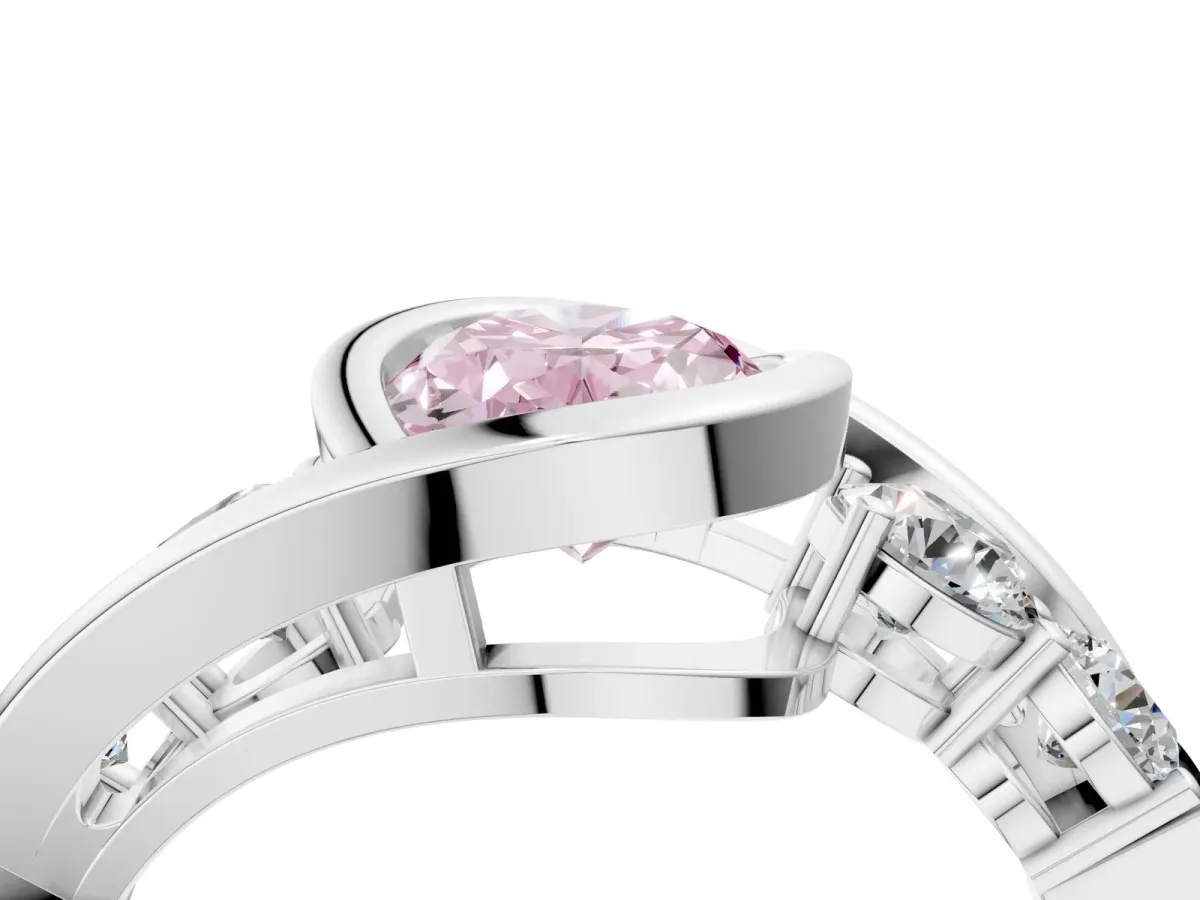 Fancy Pink Bezel Set Oval Cut Diamond Bypass Ring with Round Accents Platinum
