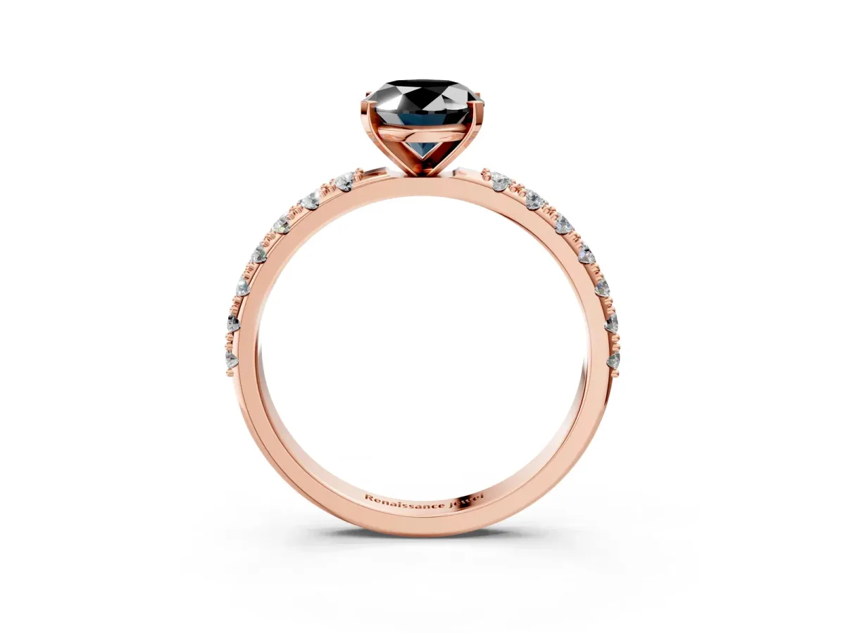 Fancy Black Oval Cut Diamond Solitaire Pavé Band with Four-Prong Setting Rose gold