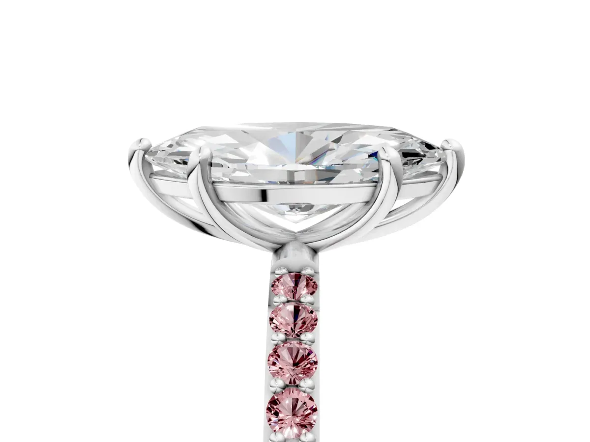 Marquise Cut Diamond Solitaire Ring with Round Morganite Pavé Band and Prong Setting Silver