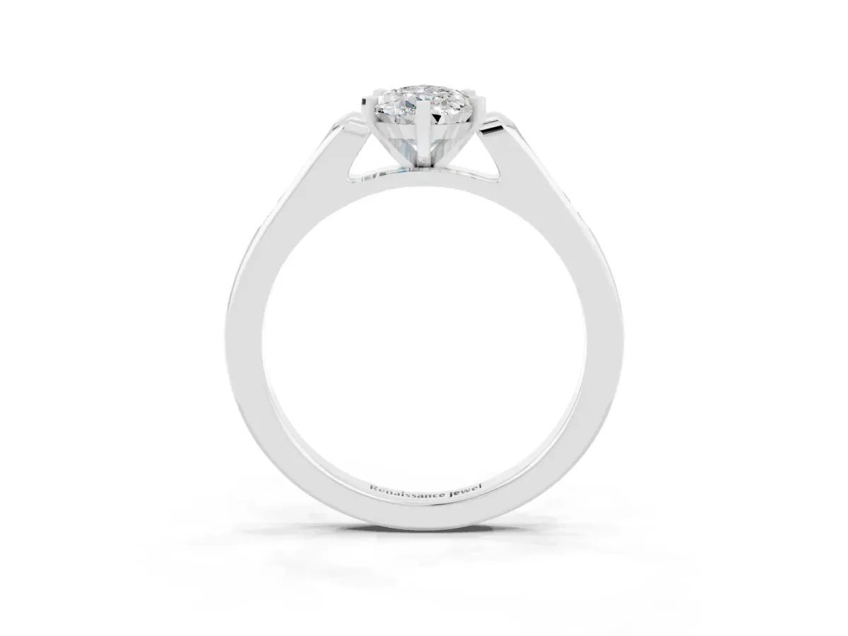 Pear Cut Moissanite Solitaire Ring with Channel Set Round Band and Prong Setting Silver
