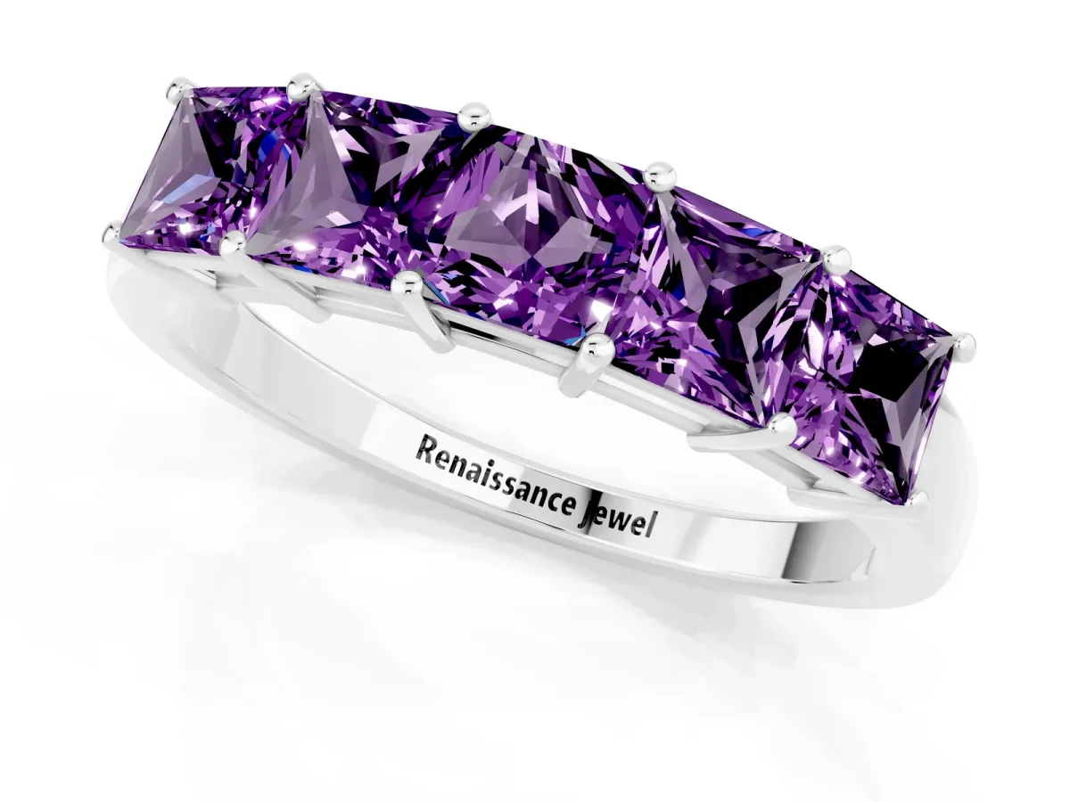 Princess Cut Five-Stone Amethyst Band with Prong Setting White gold