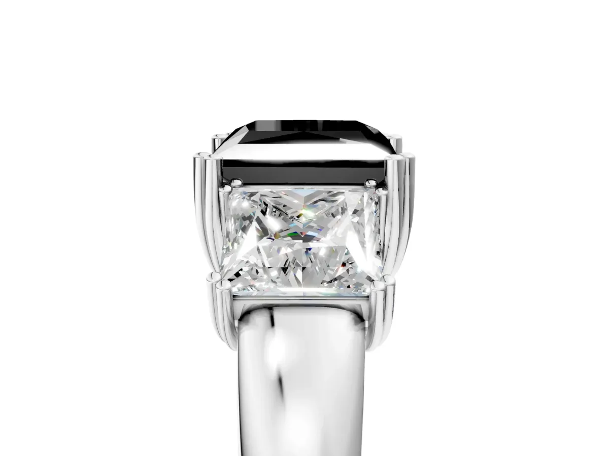 Fancy Black Three-Stone Princess Cut Cut Diamond Ring with Channel Set Band and Four-Prong Setting Silver