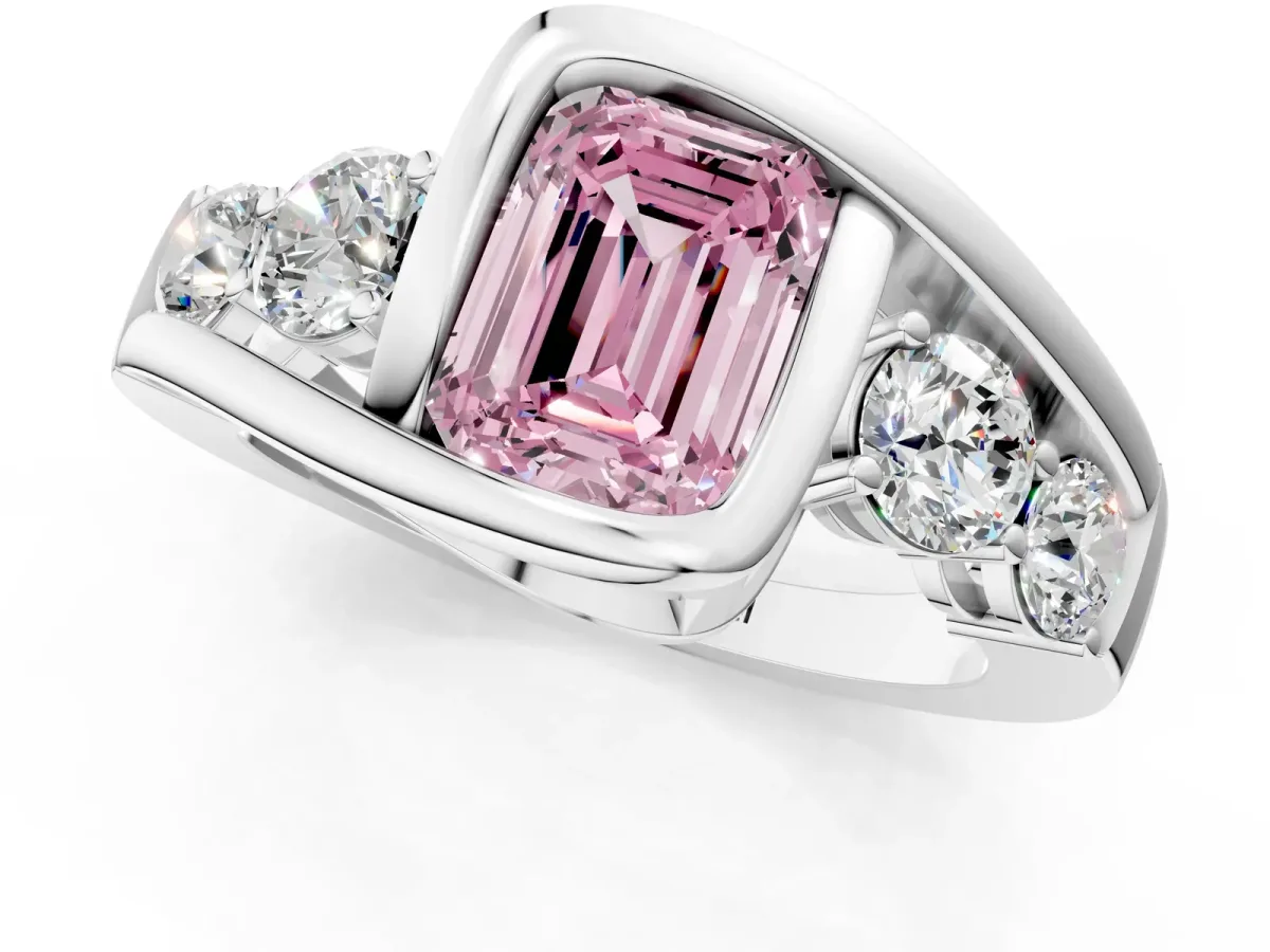 Fancy Pink Bezel Set Emerald Cut Diamond Bypass Ring with Round Accents Silver