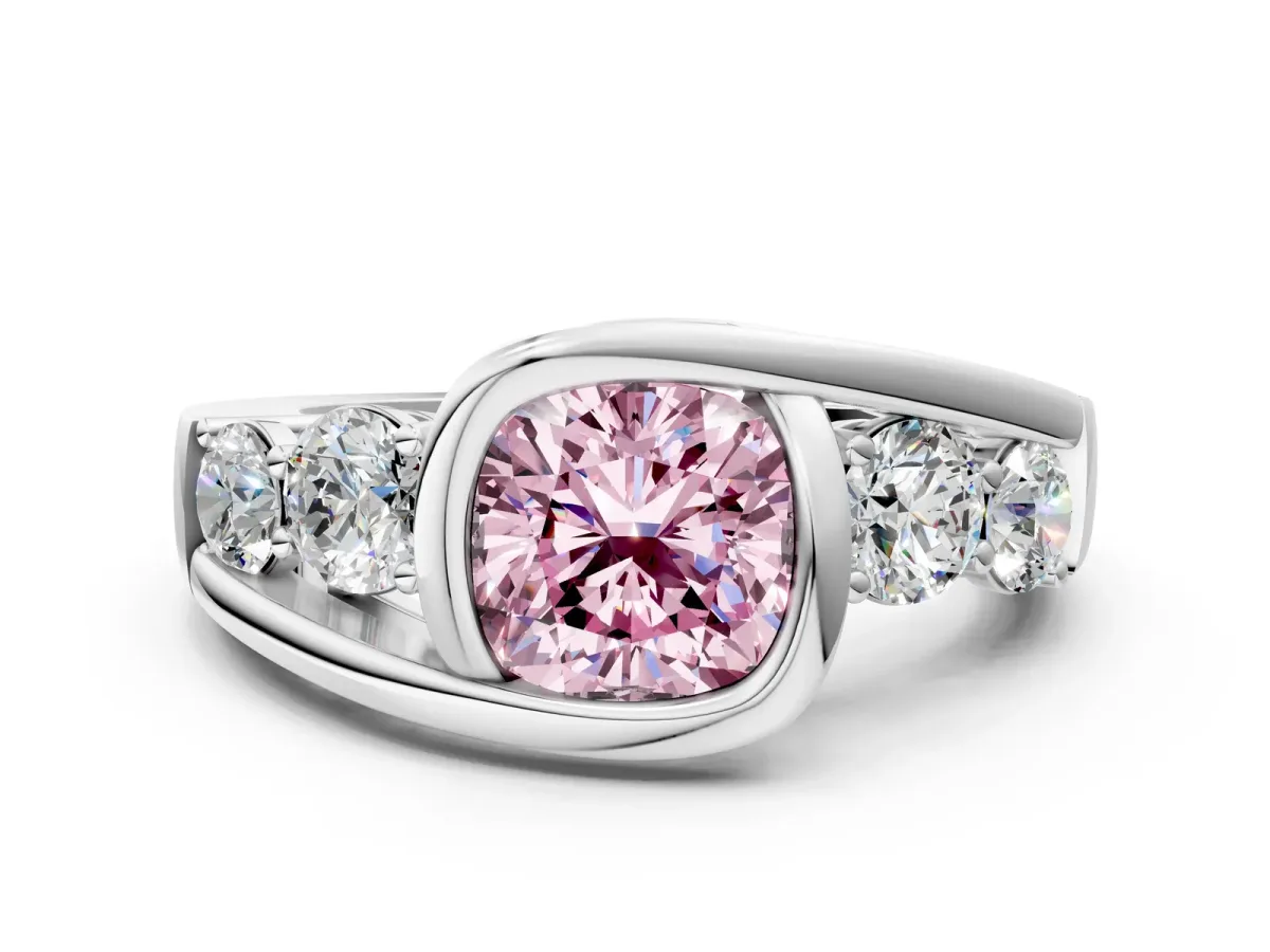 Fancy Pink Bezel Set Cushion Cut Diamond Bypass Ring with Round Accents Silver