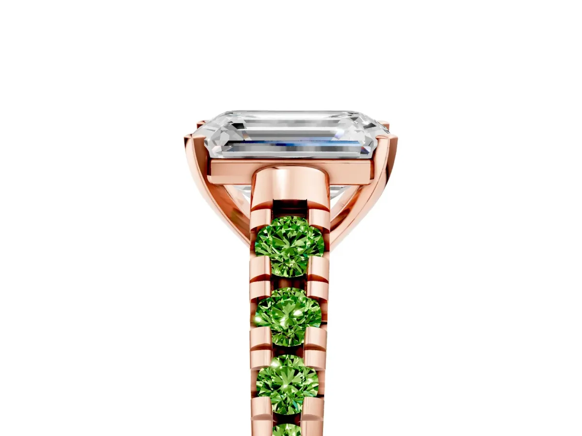Emerald Cut Diamond Cathedral Solitaire Ring with Round Peridot Pavé Band Rose gold