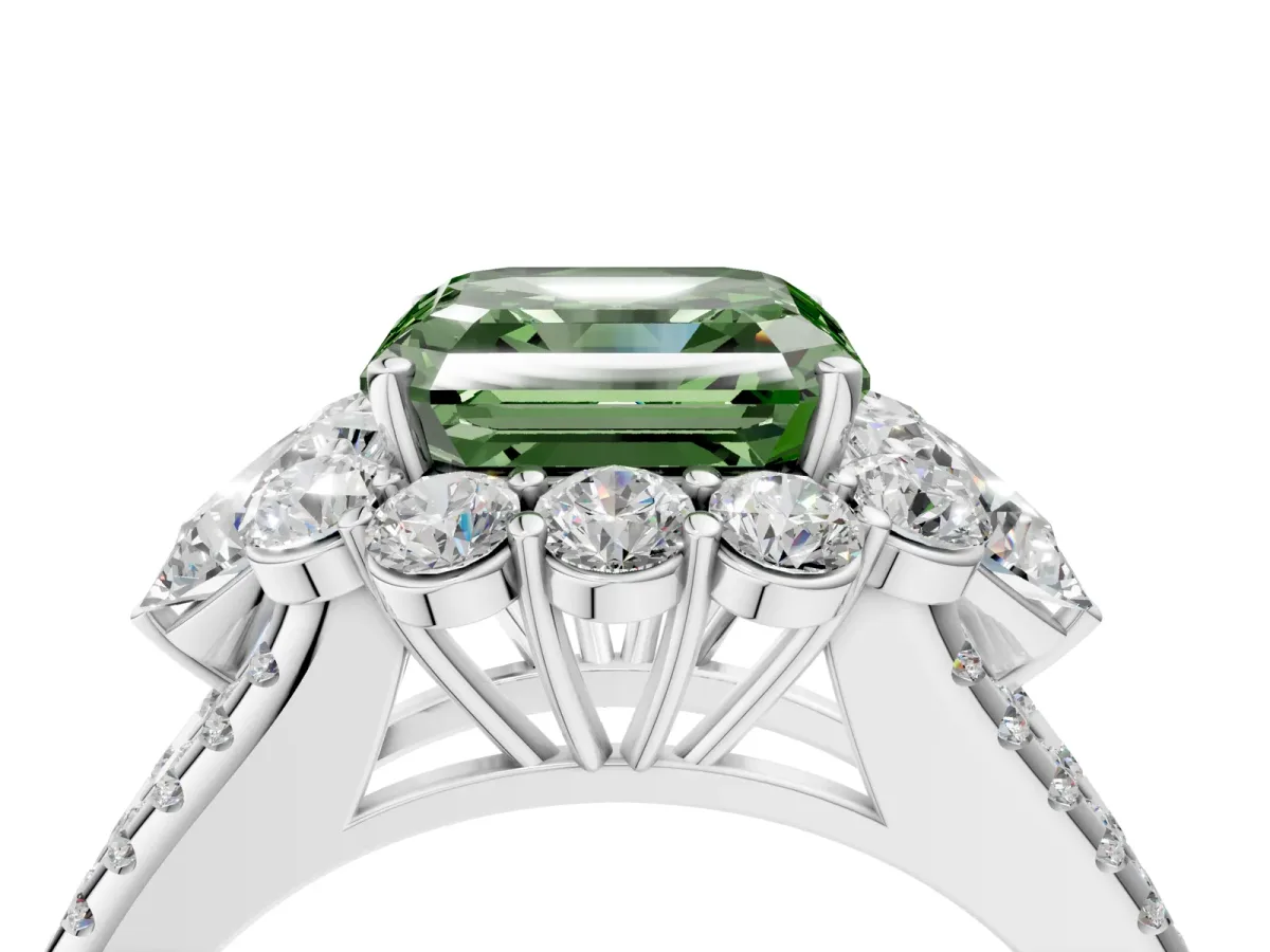 Fancy Green Asscher Cut Halo Split Shank Diamond Engagement Ring with Prong Setting Platinum