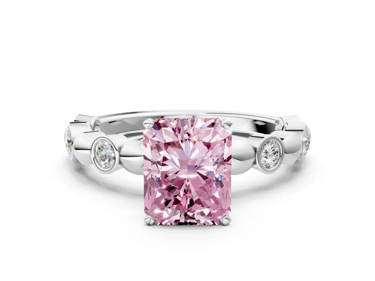 Fancy Pink Radiant Cut Solitaire Bezel-Set Diamond Ring with Beaded Band and Four-Prong Setting Platinum