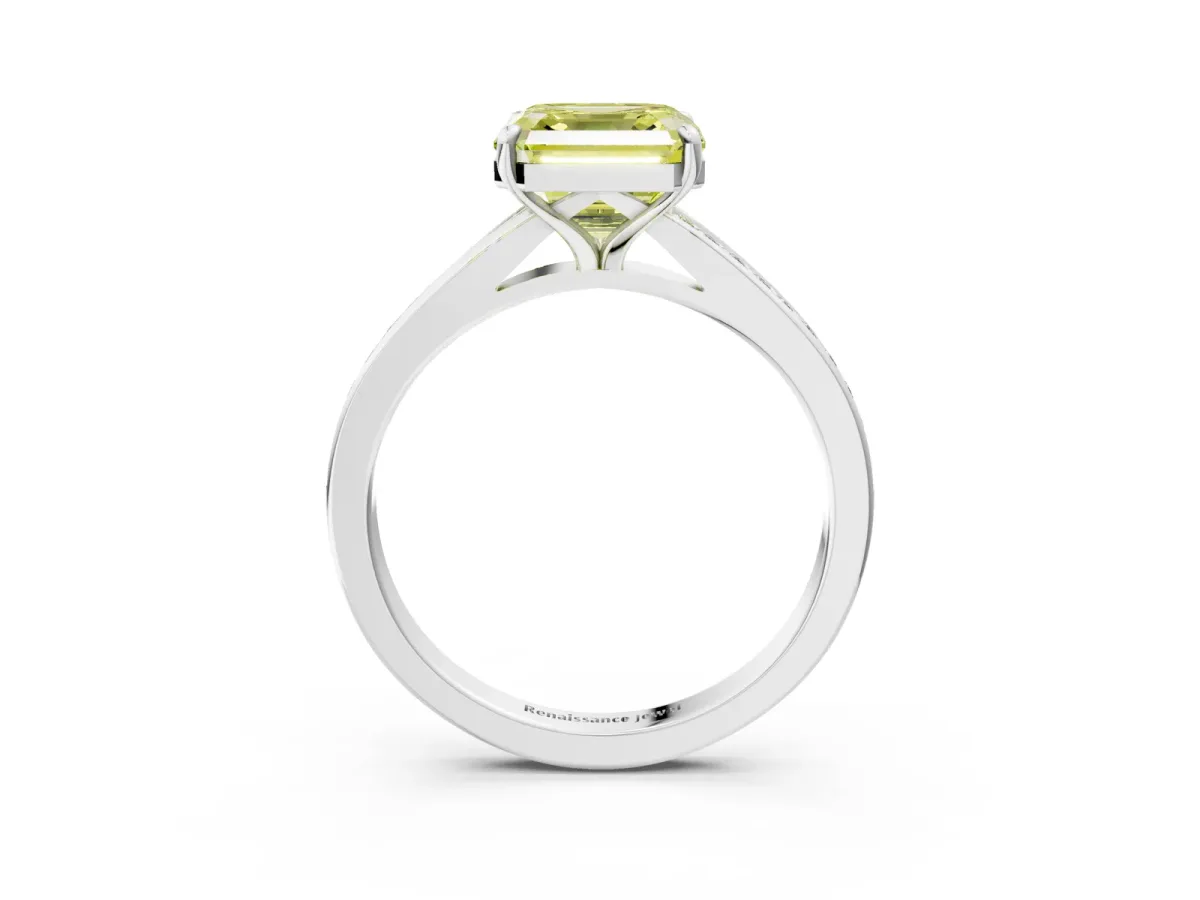 Fancy Yellow Asscher Cut Diamond Solitaire Ring with Pavé Band and Prong Setting Platinum