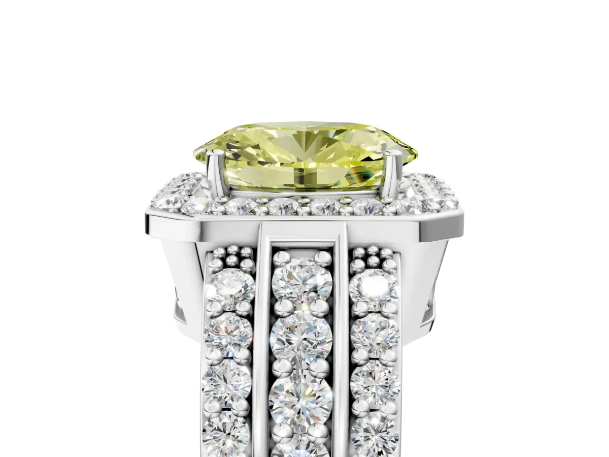 Fancy Yellow Oval Cut Halo Diamond Ring with Round Split Shank and Prong Setting Silver