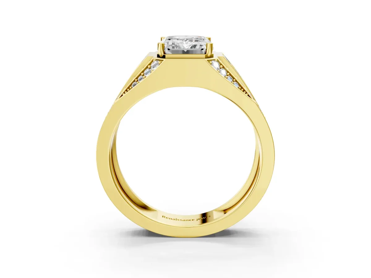 Emerald Cut Diamond Mens Ring with Baguette Side Stones Yellow gold