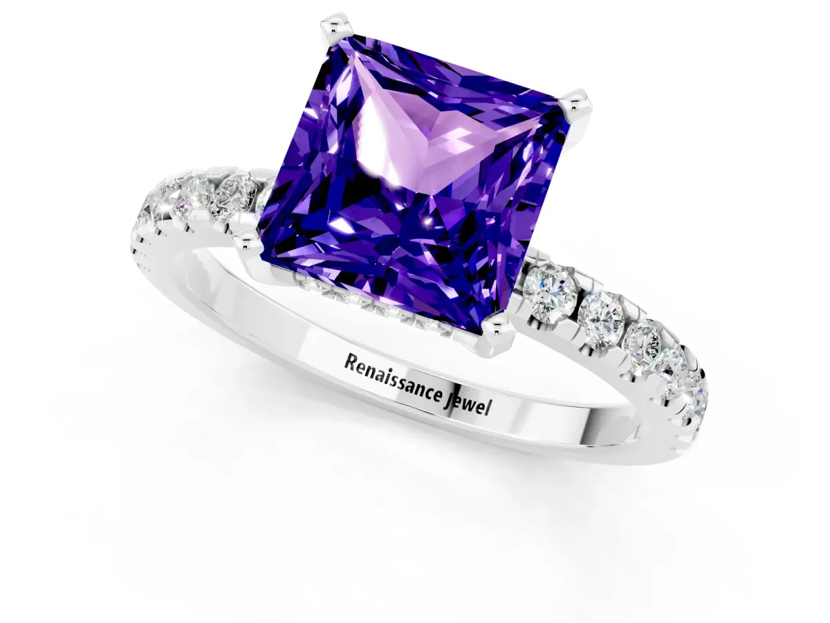 Princess Cut Tanzanite Solitaire Ring with Round Pavé Band and Four-Prong Setting Silver