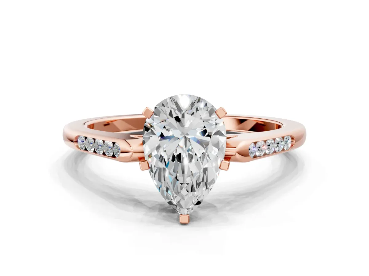 Pear Cut Diamond Solitaire Ring with Channel Set Round Band and Prong Setting Rose gold