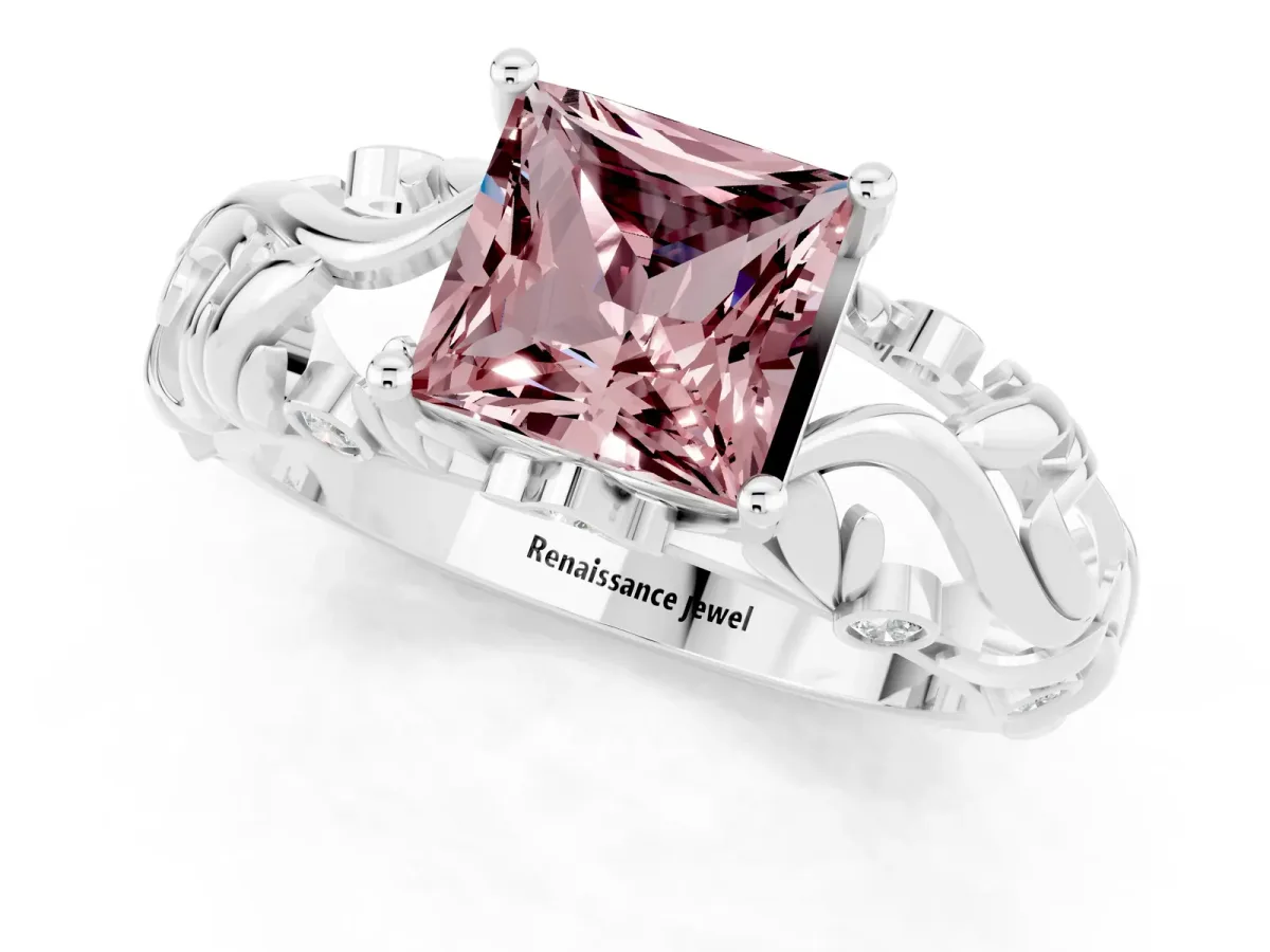 Princess Cut Solitaire Morganite Leaf-Inspired Vine Band Ring with Prong Setting White gold