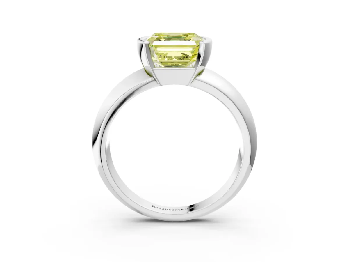 Fancy Yellow Asscher Cut Solitaire Tension Set Diamond Ring with Wide Band Platinum