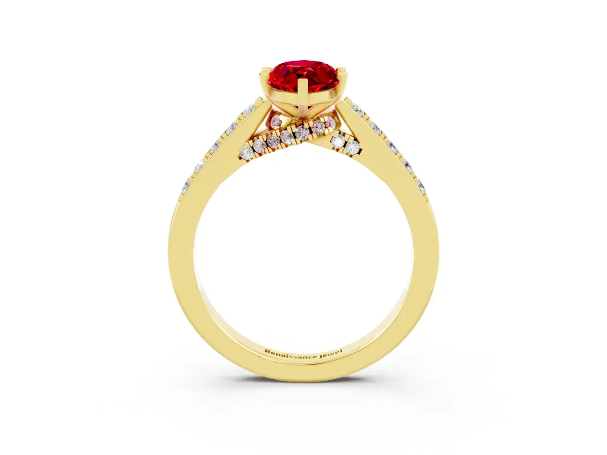 Marquise Cut Ruby Solitaire Ring with Crossover Gallery and Round Pavé Band Yellow gold
