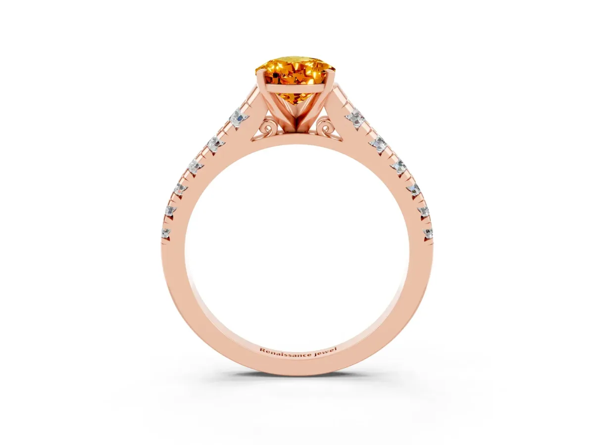 Pear Cut Citrine Cathedral Solitaire Ring with Round Pavé Band Rose gold