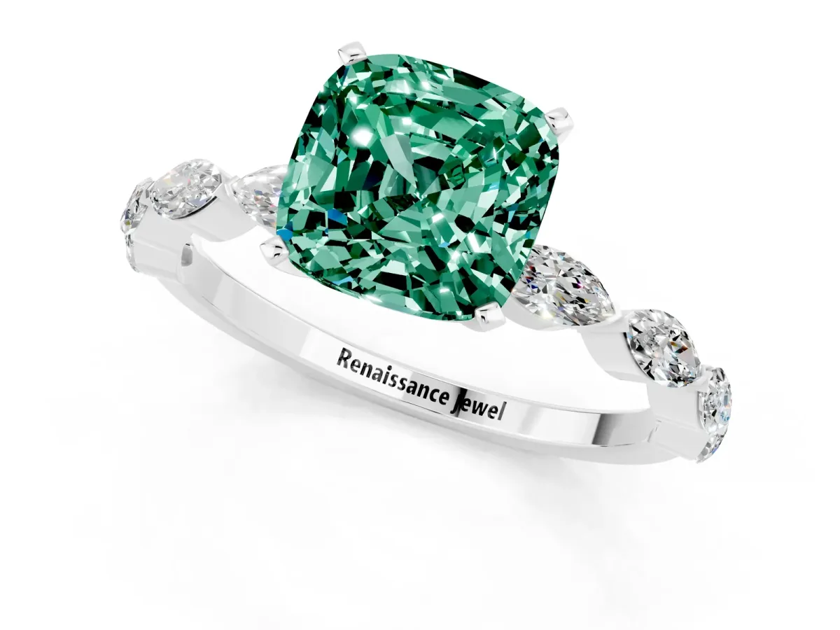 Cushion Cut Green Sapphire Ring with Marquise Side Stones and Prong Setting Platinum