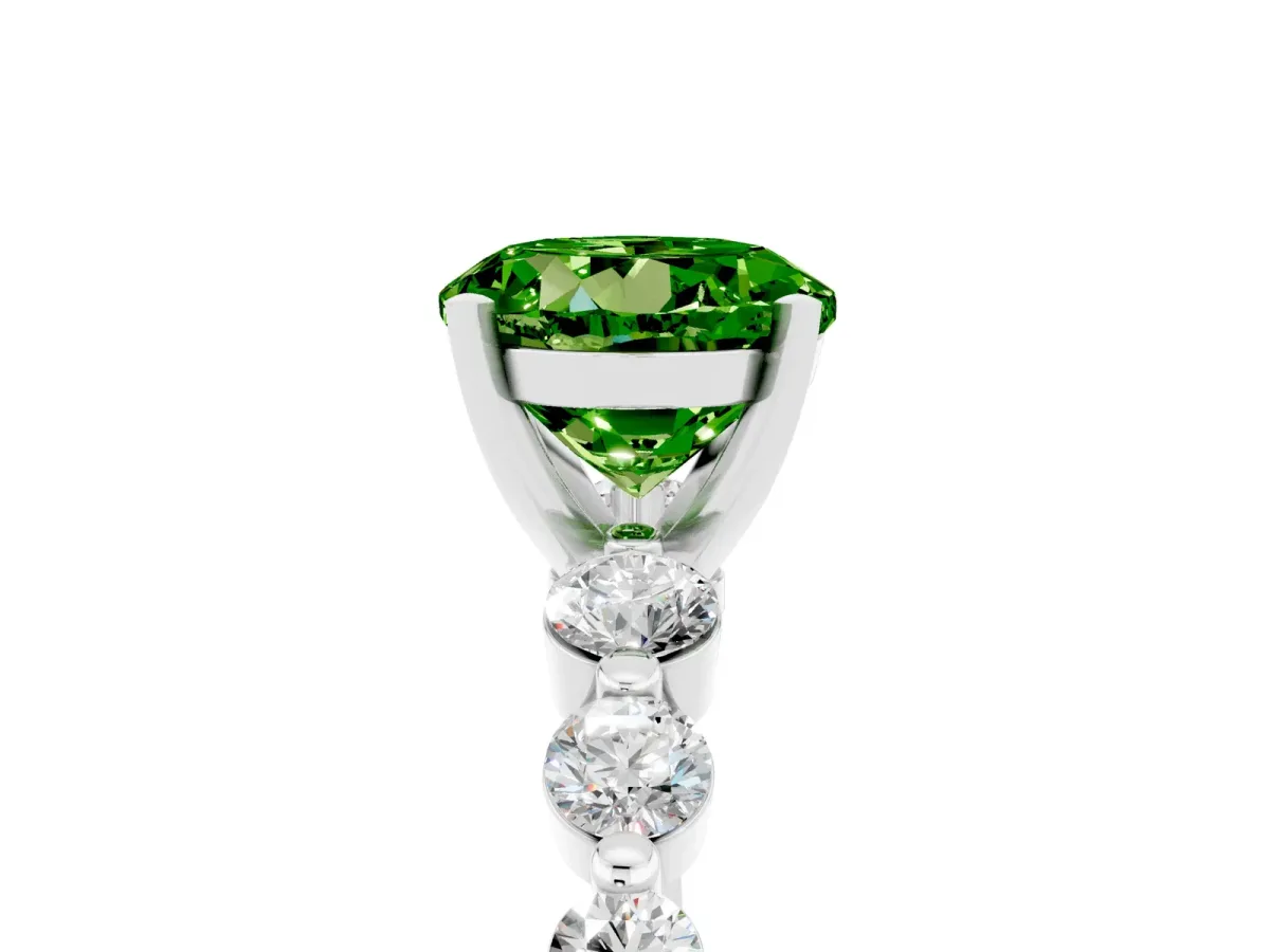 Round Cut Solitaire Peridot Ring with Pave Band and Four-Prong Setting Platinum