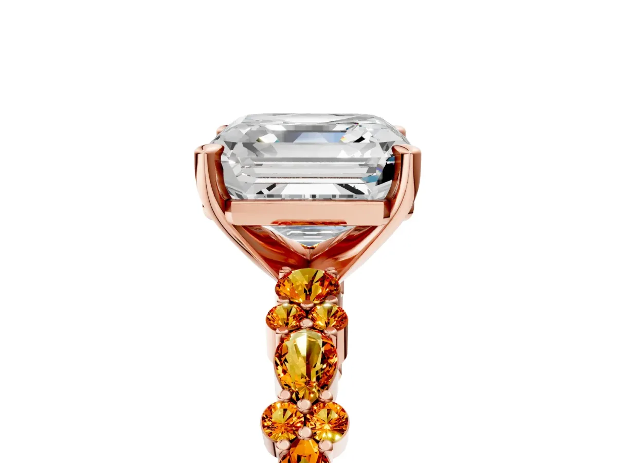 Asscher Cut Diamond Side Stone Solitaire Ring with Round Citrine and Four-Prong Setting Rose gold