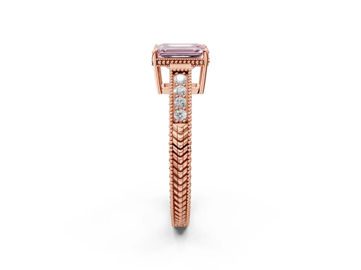 Fancy Pink Emerald Cut Cut Diamond Milgrain Pave Band Four-Prong Setting Ring Rose gold