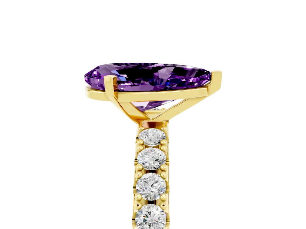 Pear Cut Amethyst Solitaire Pavé Band with Four-Prong Setting Yellow gold