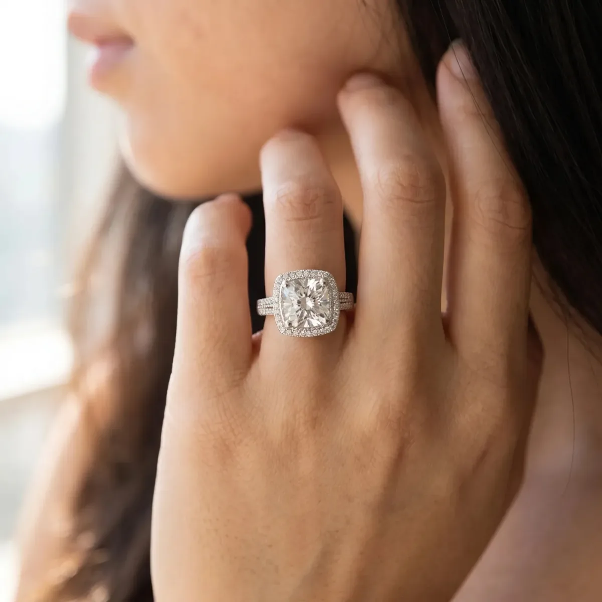 Cushion Cut Diamond Double Halo Ring with Split Shank and Four-Prong Setting Platinum