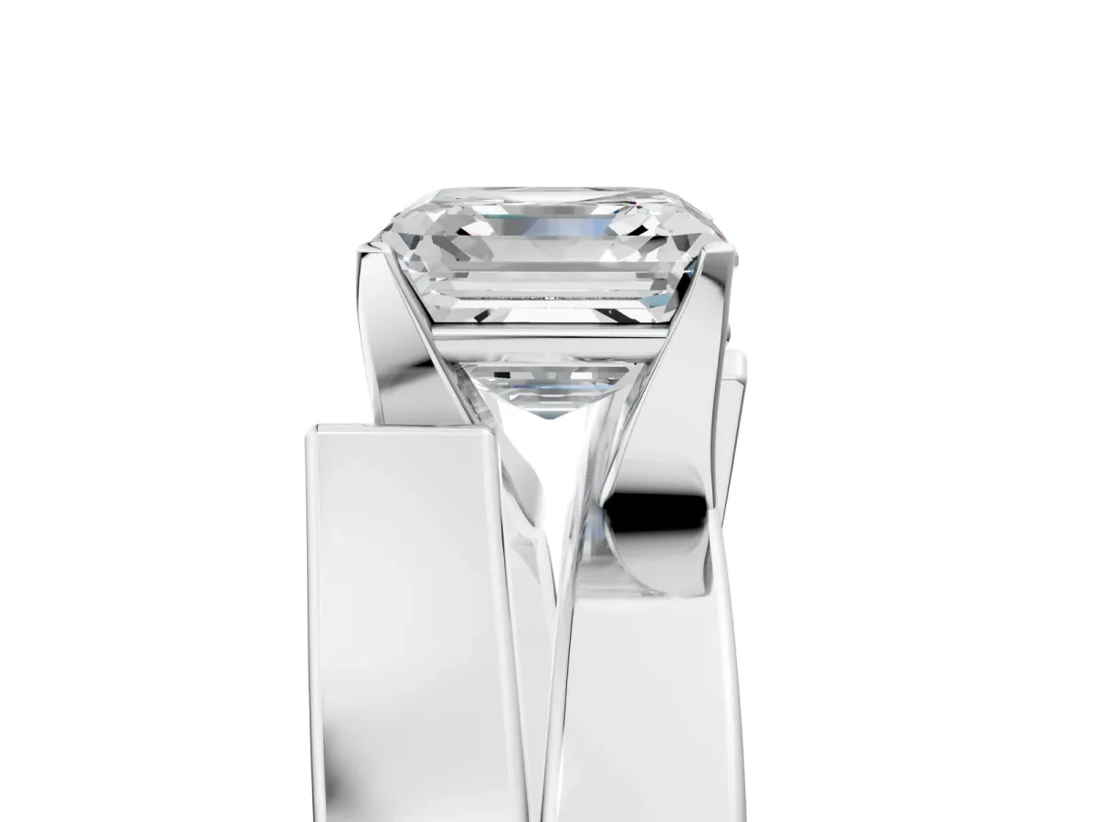 Modern Tension Set Asscher Cut Diamond Solitaire Wide Band Ring Silver