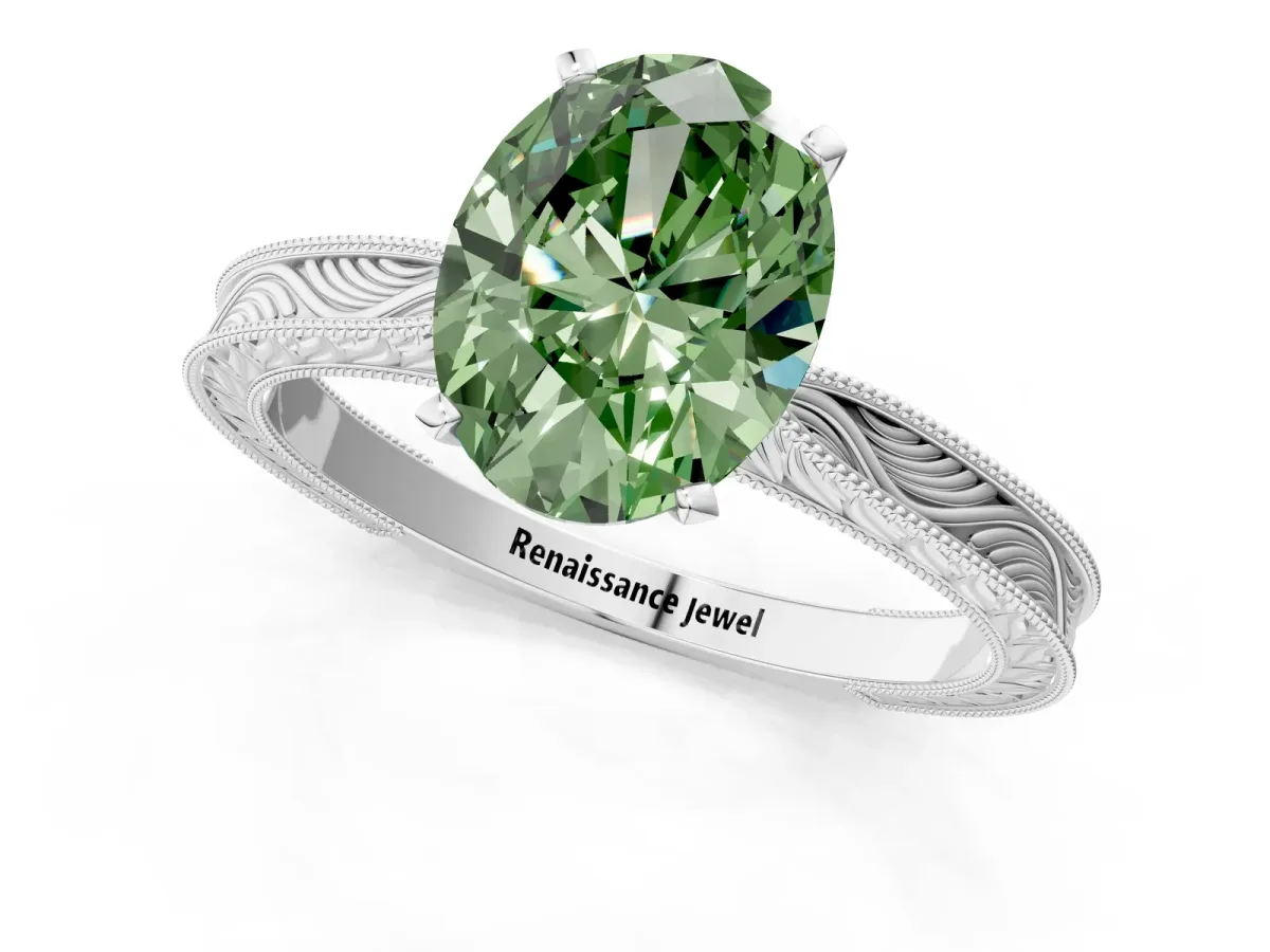 Fancy Green Oval Cut Solitaire Milgrain Engraved Band with Four-Prong Setting White gold