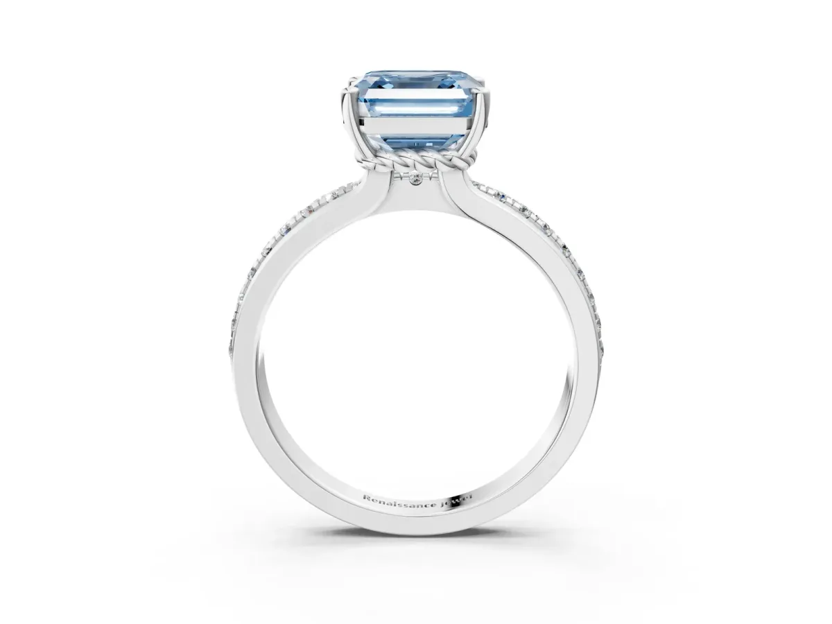 Fancy Blue Asscher Cut Solitaire Diamond Ring with Channel Set Band and Six-Prong Setting Platinum