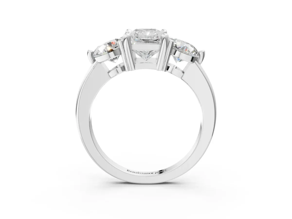 Three-Stone Radiant Cut Brilliant Cut Solitaire Ring with Prong Setting on a Classic Band Platinum