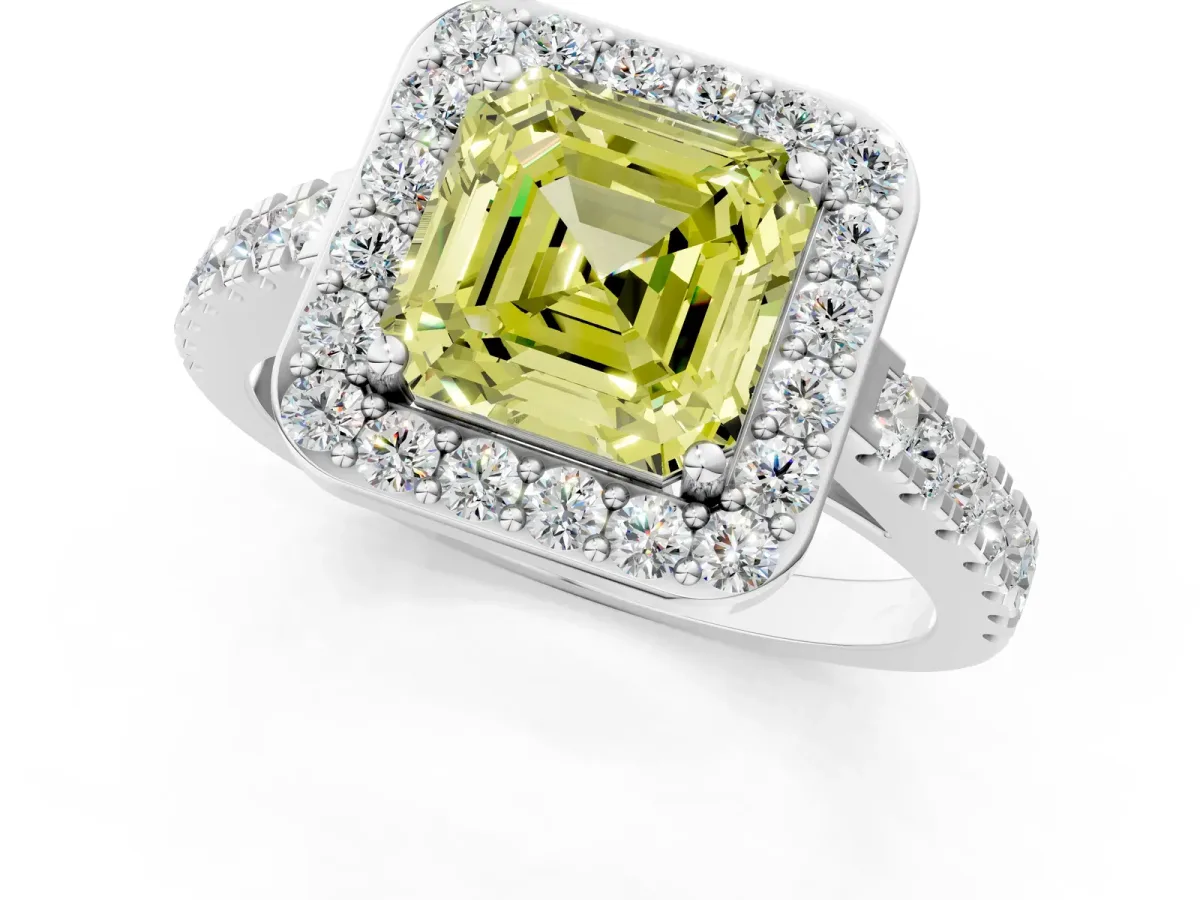 Fancy Yellow Asscher Cut Diamond Halo Ring with Round Pavé Split Shank and Prong Setting Platinum