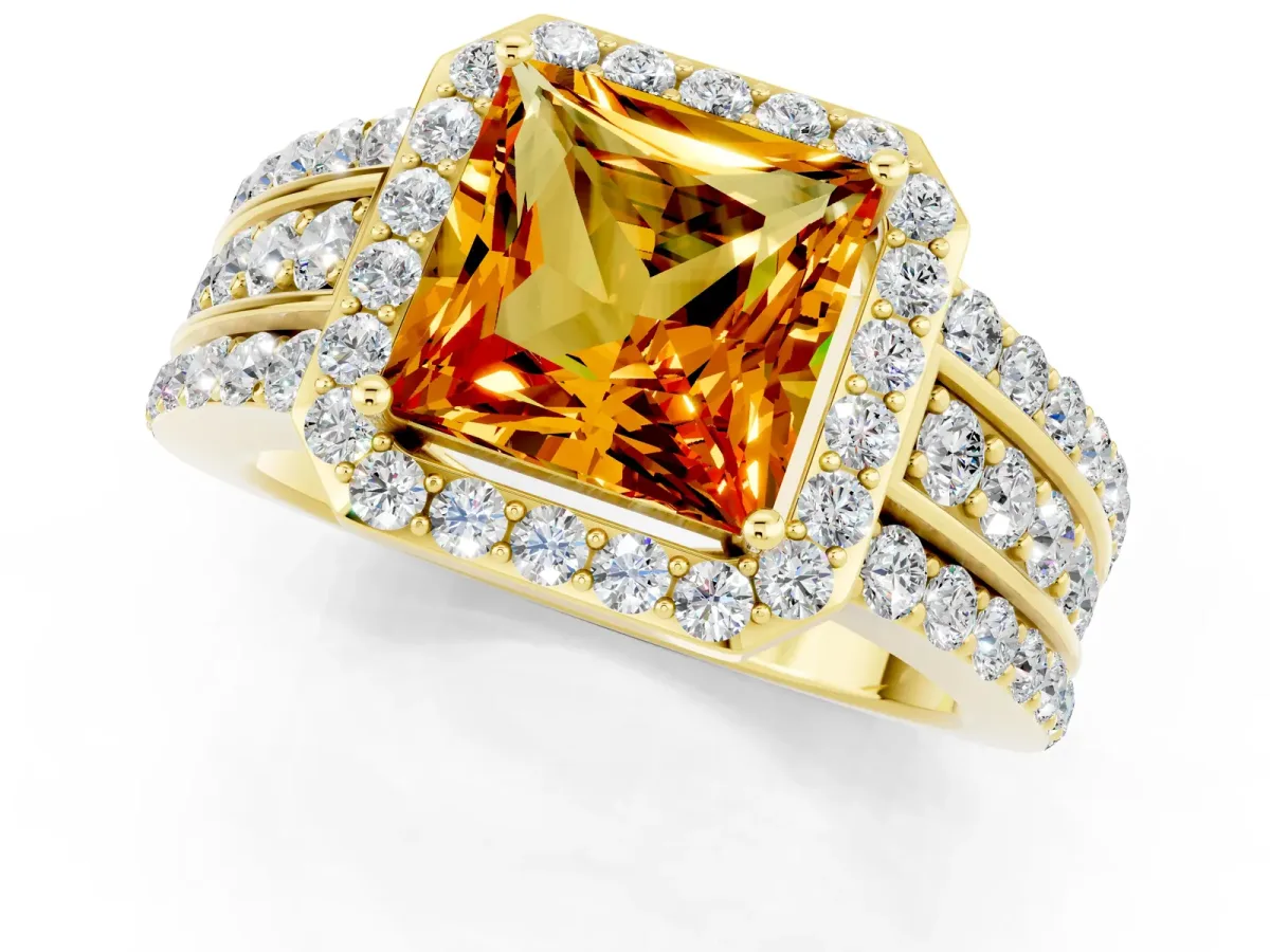 Princess Cut Halo Citrine Ring with Round Split Shank and Prong Setting Yellow gold