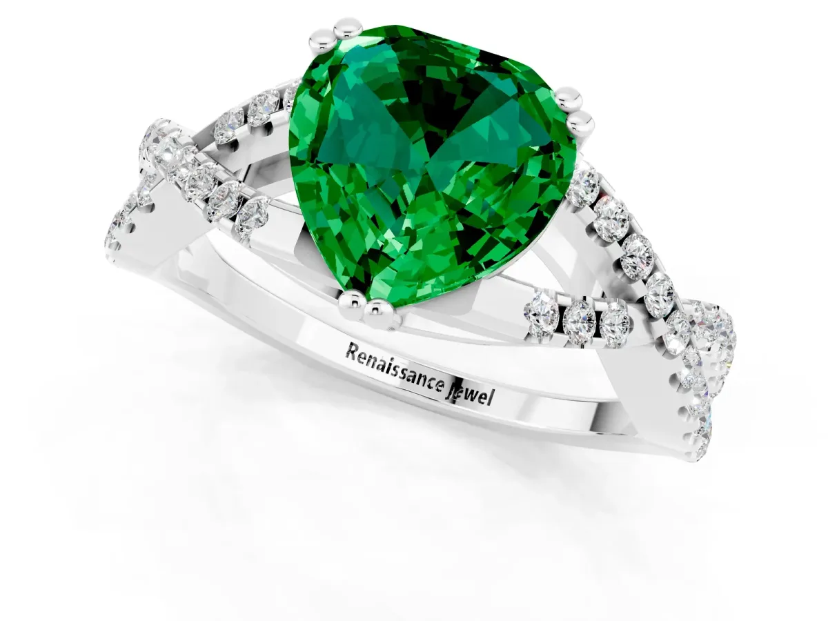 Heart Cut Emerald Solitaire Ring with Four-Prong Setting and Twisted Pavé Band Silver