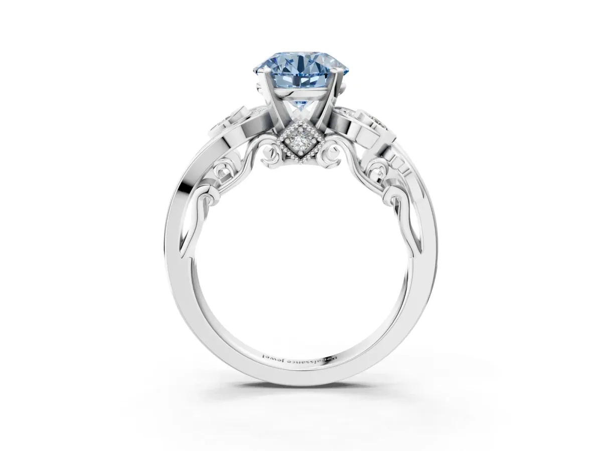 Fancy Blue Round Cut Diamond Solitaire Ring with Milgrain Pavé Band and Four-Prong Setting Silver