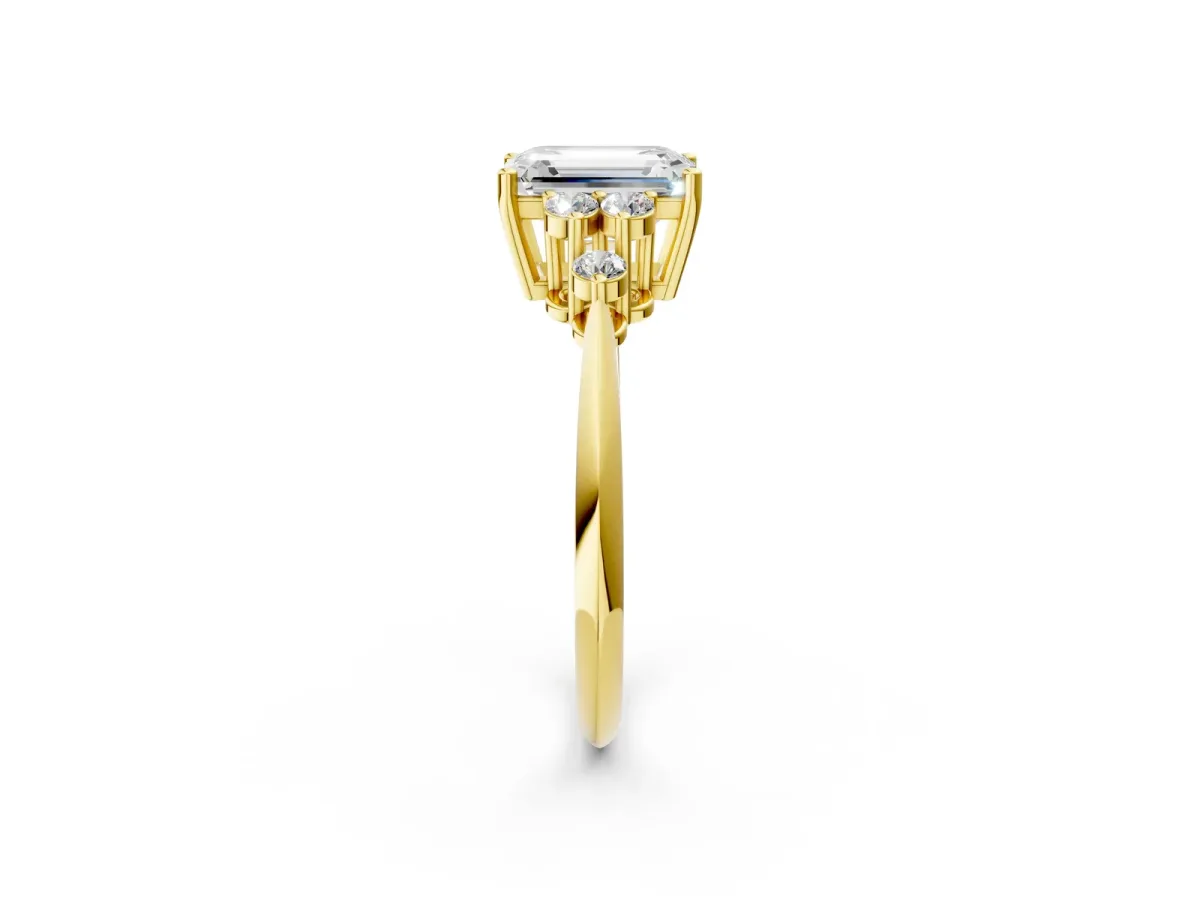 Emerald Cut Cut Diamond Cluster Ring with Solitaire Band and Four-Prong Setting Yellow gold