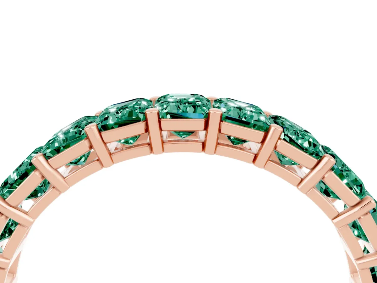 Emerald Cut Green Sapphire Eternity Band with Shared Prong Setting Rose gold