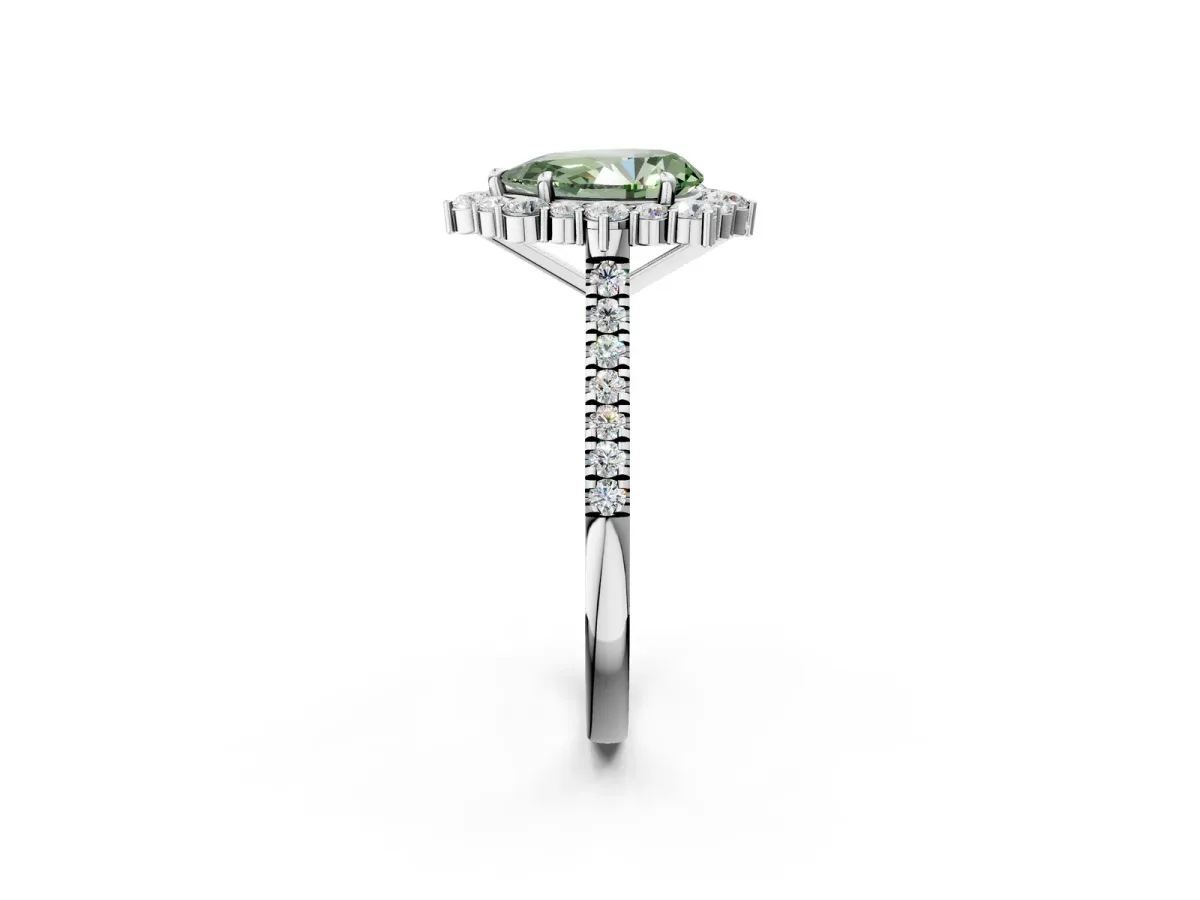 Fancy Green Pear Cut Halo Diamond Ring with Pavé Band and Prong Setting Silver