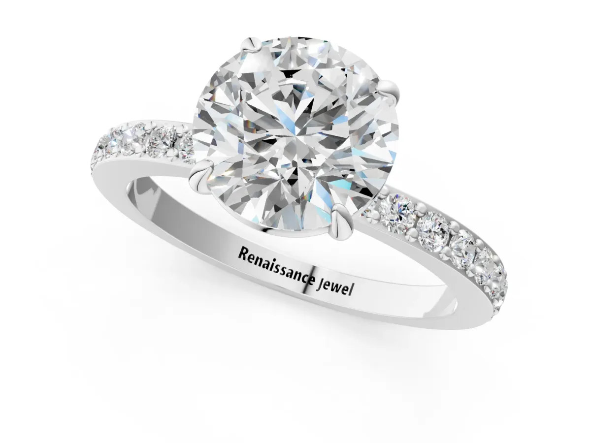 Round Cut Diamond Pavé Engagement Ring with Round Accents and Prong Setting Silver