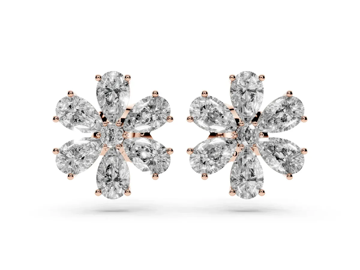 Pear Cut Diamond Floral Cluster Stud Earrings Rose gold