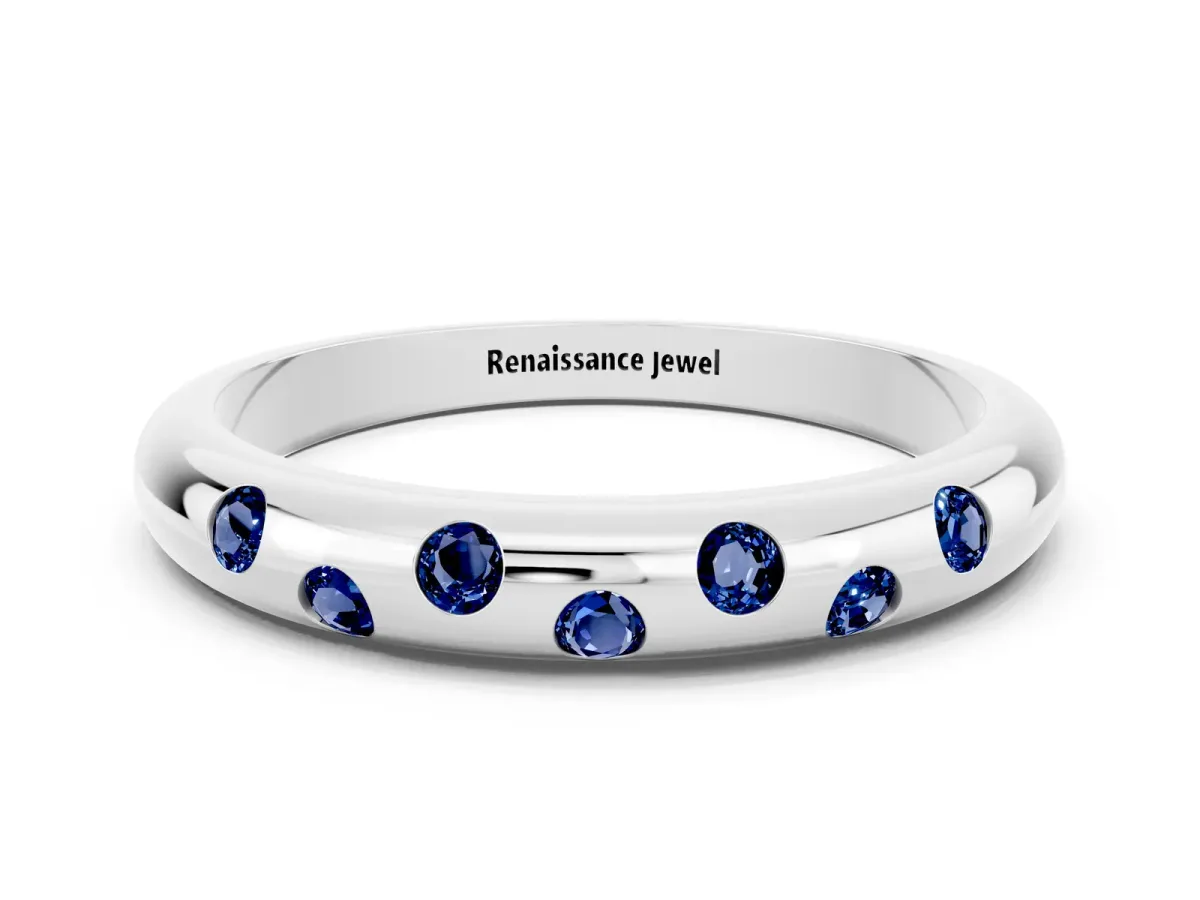 Round Blue Sapphire Flush-Set Comfort Fit Band White gold