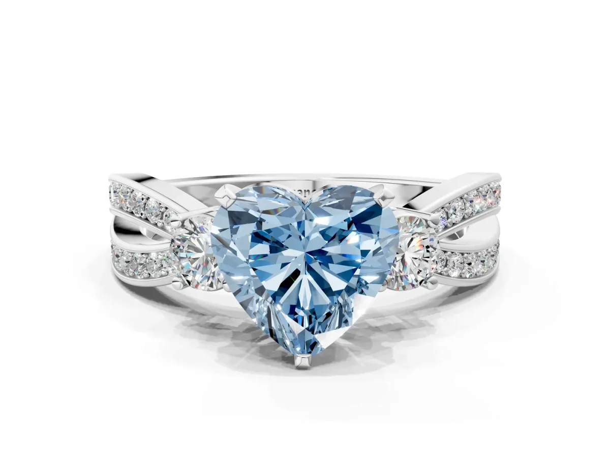 Fancy Blue Three-Stone Heart Cut Cut Diamond Twist Band with Prong Setting Platinum