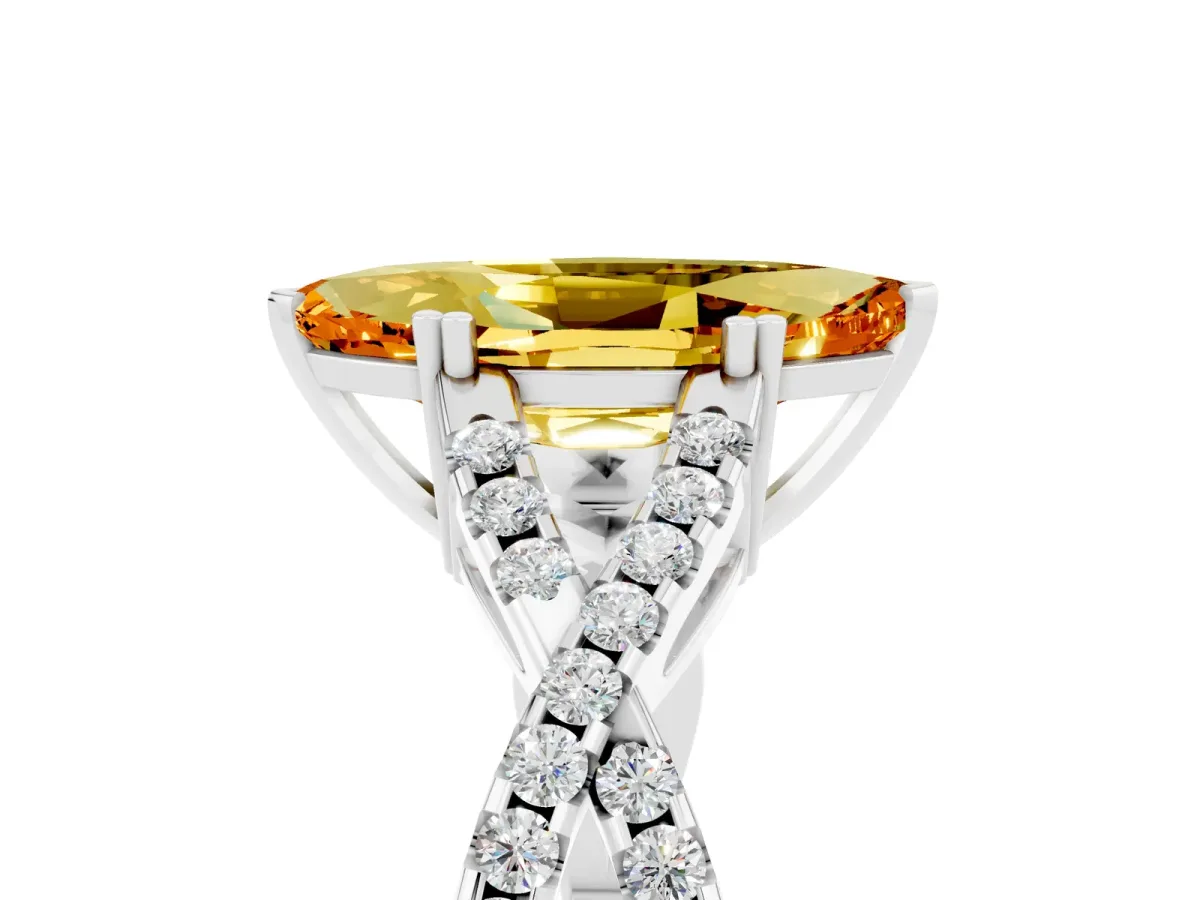Marquise Cut Citrine Solitaire Ring with Four-Prong Setting and Twisted Pavé Band Silver