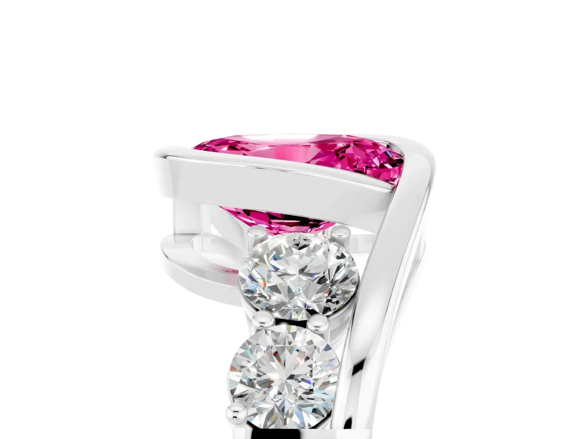 Bezel Set Oval Cut Pink Sapphire Bypass Ring with Round Accents Platinum