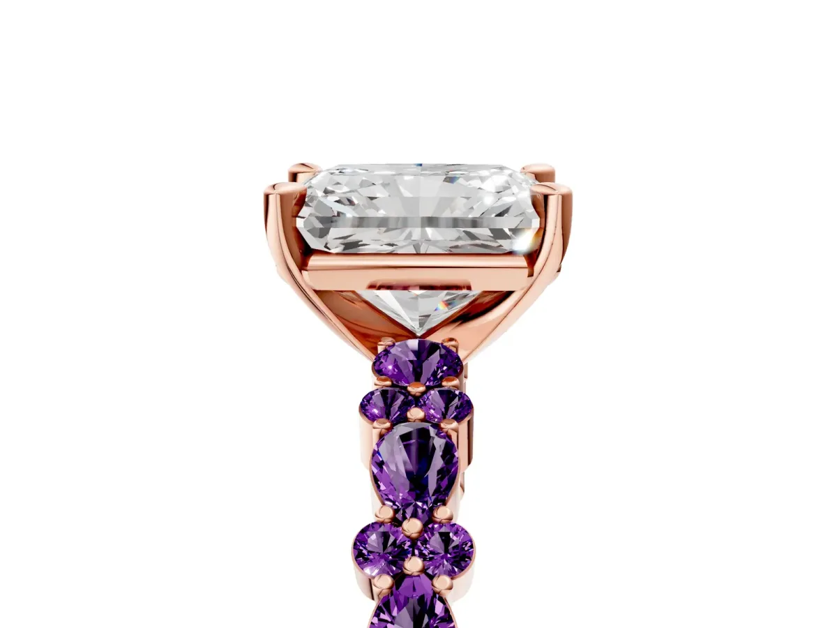 Radiant Cut Diamond Side Stone Solitaire Ring with Round Amethyst and Four-Prong Setting Rose gold