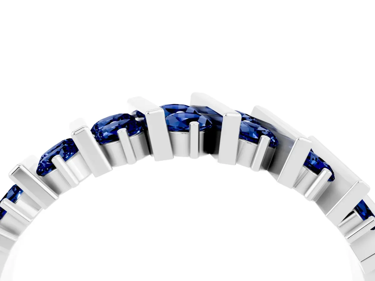 Channel Set Round Blue Sapphire Anniversary Band with Vertical Prongs Silver