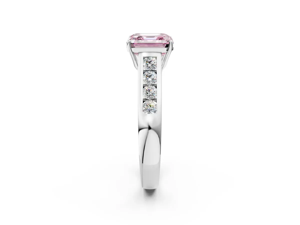 Fancy Pink Asscher Cut Solitaire Channel-Set Diamond Engagement Ring with Four-Prong Setting Platinum