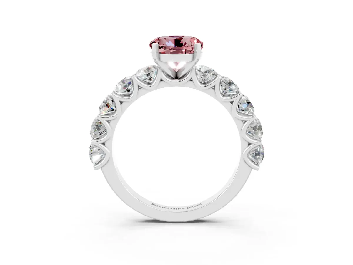 Round Cut Morganite Prong Setting with Side Stones on a Pave Band Silver