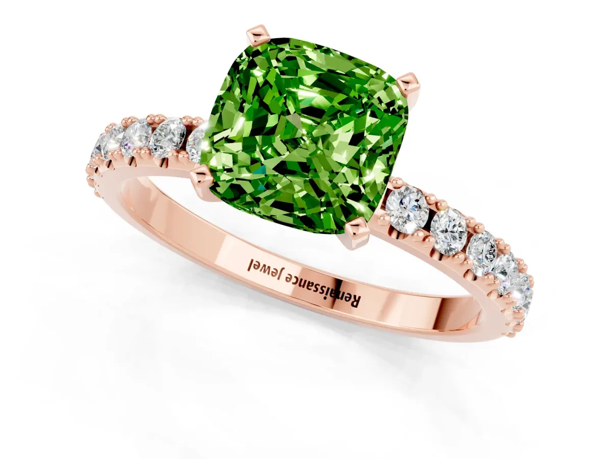 Cushion Cut Peridot Solitaire Pavé Band with Four-Prong Setting Rose gold